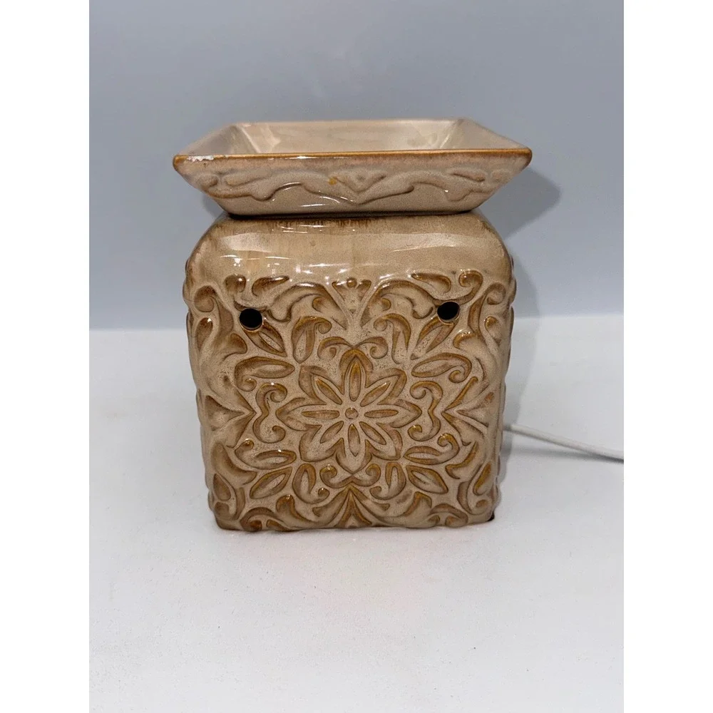 Wax Warmer Home Tan Brown Embossed Floral Ceramic Electric Tested